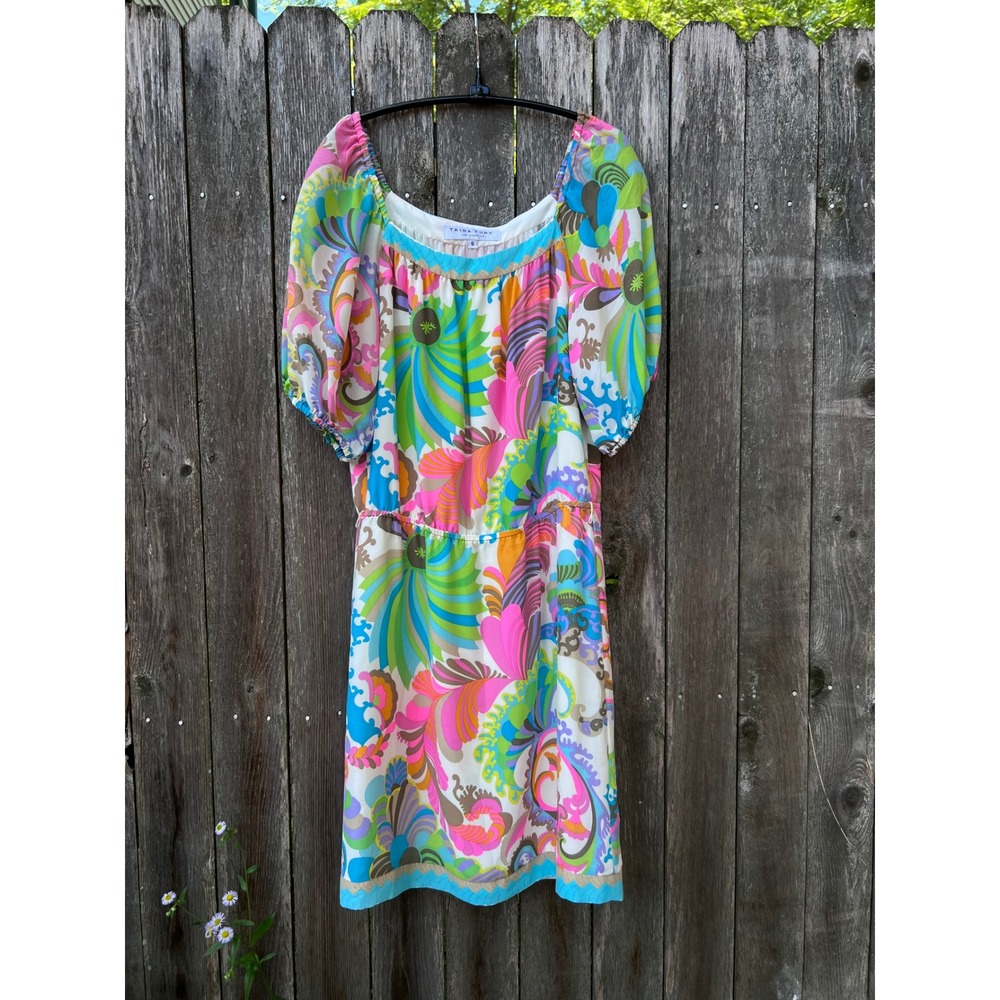 TRINA TURK Silk Floral Puff Sleeve 60s Bright Lined Mini Dress Sz 6 LNWOT
